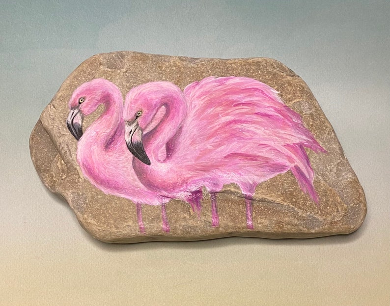 Pair of Pink Flamingos Painted Rock Gift Paperweight Painting image 5