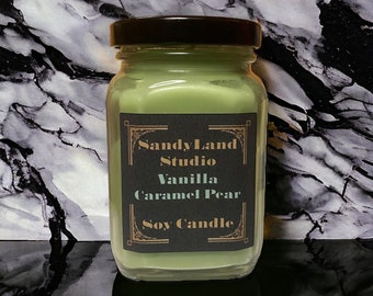 Vanilla Caramel Pear Scented Soy Candle Square Victorian Jar Rustic Home Decor