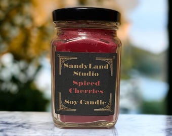 Spiced Cherries Scented Soy Candle Square Victorian Jar Rustic Home Decor