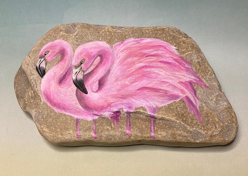 Pair of Pink Flamingos Painted Rock Gift Paperweight Painting image 1