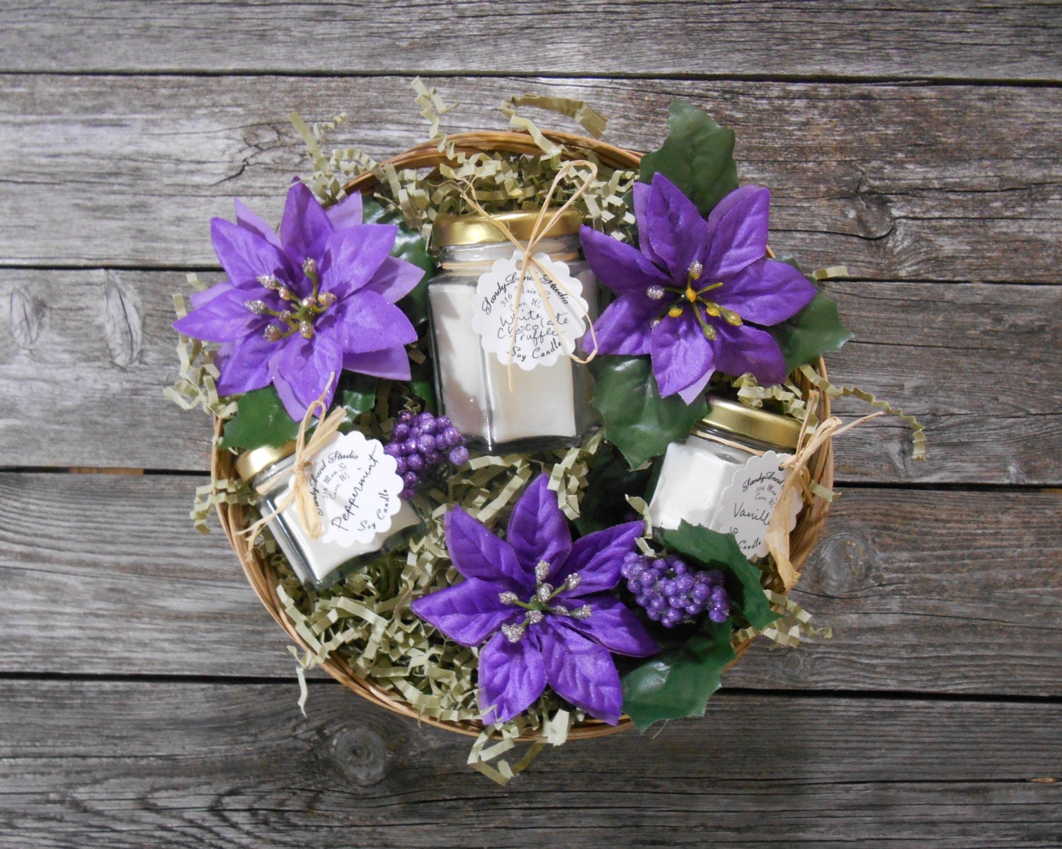 Christmas Candles Gift Basket Holly Purple Poinsettias Soy Etsy
