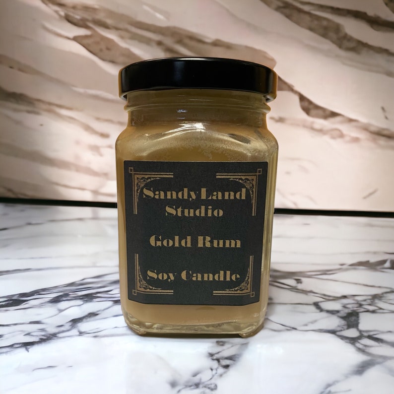 Gold Rum Scented Soy Candle Square Victorian Jar Rustic Home Decor immagine 9