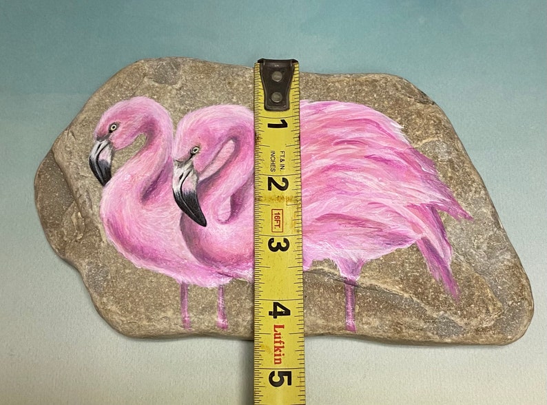 Pair of Pink Flamingos Painted Rock Gift Paperweight Painting image 3