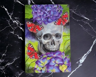Skull Halloween Postcards Purple Hydrangeas Moths Chartreuse  Green