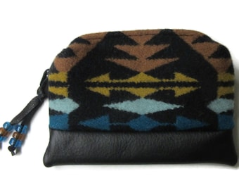 Leather Zippered Pouch Change Coin Purse Make Up Pouch Clutch Bag Blanket Wool from Pendleton Woolen Mills Beaded Zipper Pull