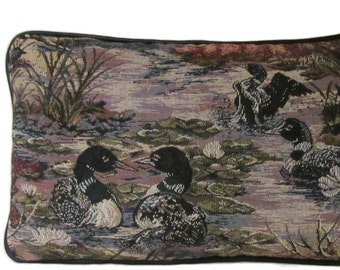 Loon Loons Woodlands Tapestry Lumbar Pillow Piping Trim Man Cave Room Office Decor