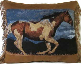 Western Paint Horse Cowboy Tapestry Pillow Fringed Southwestern Ranch Cabin