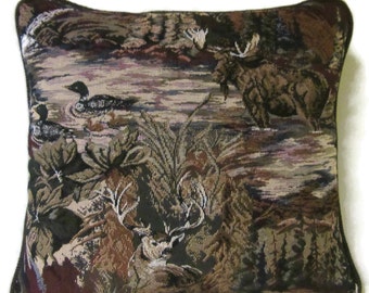 Moose Mule Deer Loons Woodlands High End Tapestry Pillow Contrasting Upholstery Fabric Piping Trim