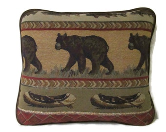 Bear Tapestry Pillow Woodlands Room Decor Cabin Lodge Look Textured Piping Trim Housewarming Gift for Dad