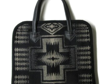 Jewelry Travel Tote Display Black Leather Straps Blanket Wool Fabric from Pendleton Woolen Mills