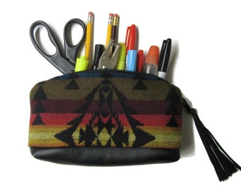 Office Desk Organizer Black Leather Large Zippered Pouch Blanket Wool from Pendleton Woolen Mills
