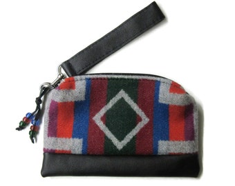 Small Wrist Bag Wristlet Purse Wool Removable Black Leather Strap UNLINED Blanket Wool from Pendleton Woolen Mills