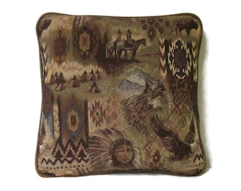 1st Nation Eagle Wolf Buffalo Indian Chief Tapestry Pillow Piping Trim Western Decor