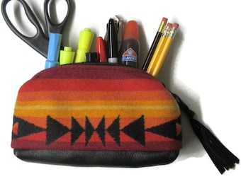 Organizer Office Desk Black Leather Zippered Pouch Blanket Wool Fabric from Pendleton Woolen Mills