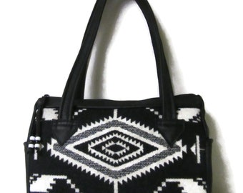 Handbag Shoulder Purse 9 Pockets Black Leather Blanket Wool Fabric from Pendleton Woolen Mills