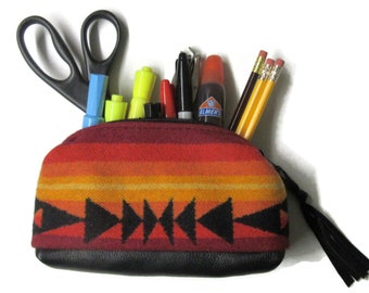 Office Desk Organizer Black Leather Zippered Pouch Colorful Blanket Wool from Pendleton Woolen Mills