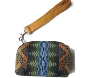 Small Wrist Bag Wristlet Purse American Treasures Wool Removable Leather Strap UNLINED Blanket Wool from Pendleton Woolen Mills