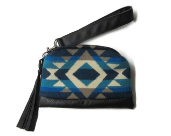 Small Wrist Bag Wristlet Purse Wool Removable Black Leather Strap UNLINED Blanket Wool from Pendleton Woolen Mills