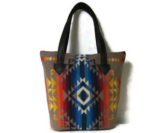 Tote Bag Bucket Bag Purse Black Leather 5 Pockets Pilot Rock Blanket Wool from Pendleton Woolen Mills