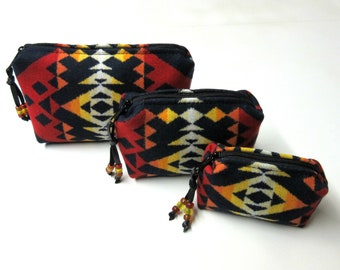 Gift Set of 3 Handmade Wool Zippered Pouches Purse Organizers Travel Bags Blanket Wool from Pendleton Oregon