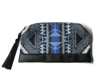 Pencil Case Large Leather Zippered Pouch Cosmetic Bag Make Up Pouch Clutch Purse Wool Fabric from Pendleton Woolen Mills