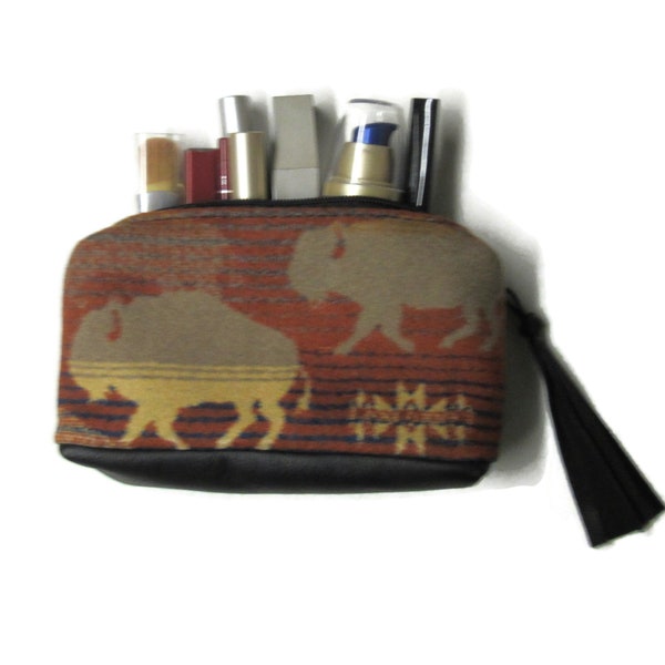 Zippered Pouch Black Leather Make Up Cosmetic Bag Clutch Purse Buffalo Blanket Wool from Pendleton Woolen Mills Unlined