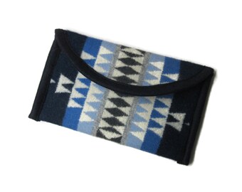 Wallet Clutch Bag Shades of Blue Blanket Wool from Pendleton Woolen Mills Magnetic Snap Closure Tribal Inspired