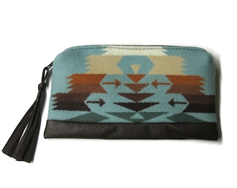 Zippered Brown Leather Pouch Pencil Case Cosmetic Bag Make Up Pouch Clutch Purse Blanket Wool from Pendleton Woolen Mills