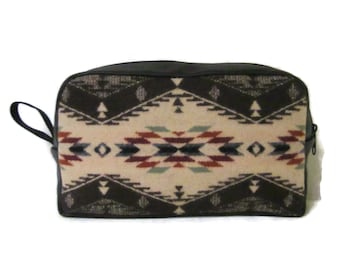 Man Bag Shaving Case Toiletries Black Leather Travel Dopp Bag Wool Fabric from Pendleton