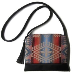 Purse Crossbody Shoulder Bag Black Leather Blanket Wool Fabric from Pendleton Woolen Mills