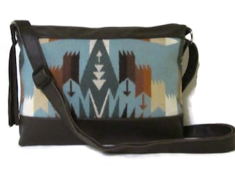 Shoulder Bag Purse Cross Body Brown Leather Tucson Aqua Blanket Wool Fabric from Pendleton Woolen Mills