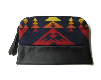 Pencil Case Cosmetic Bag Make Up Pouch Clutch Purse Large Pouch Leather Zippered Wool Fabric from Pendleton Woolen Mills