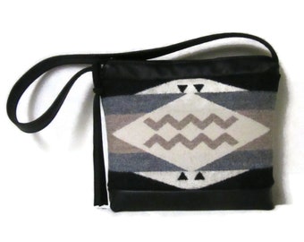 Shoulder Bag Purse Handbag Black Leather Strap Diamond Ridge Blanket Wool from Pendleton Woolen Mills
