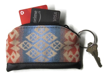 Key Ring Fob Leather Zippered Pouch Change Coin Purse Wool Fabric From Pendleton Woolen Mills