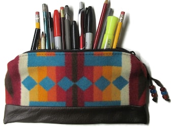 Pencil Case Zippered Brown Leather Pouch Cosmetic Bag Make Up Pouch Clutch Purse Blanket Wool Fabric from Pendleton Woolen Mills