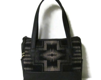 Handbag Hand Bag Shoulder Purse 9 Pockets Soft Black Leather Harding Blanket Wool from Pendleton Woolen Mills