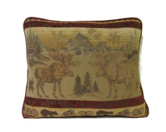 Moose Chenille Tapestry Throw Pillow Red Piping Trim Woodlands Cabin Lodge Decor