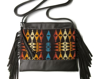 Purse Cross Body Bag Fringed Brown Leather Blanket Wool Fabric from Pendleton Woolen Mills
