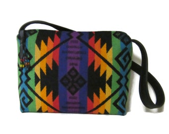 Shoulder Purse Handbag Black Leather Strap Colorful Print Blanket Wool from Pendleton Woolen Mills