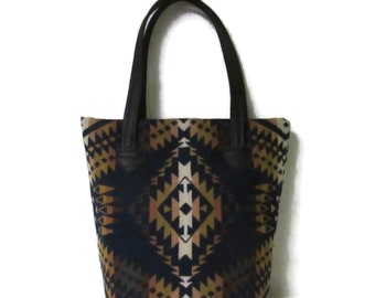 Tote Bag Bucket Purse Black Leather Blanket Wool Fabric from Pendleton Woolen Mills