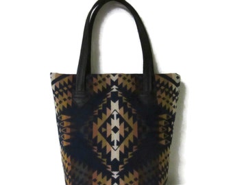 Tote Bag Bucket Bag Purse Black Leather 5 Pockets Mission Trails Blanket Wool from Pendleton Woolen Mills