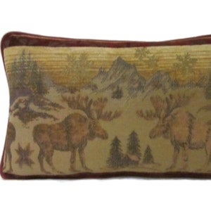Moose Chenille Tapestry Lumbar Pillow Red Piping Trim Woodlands Cabin Lodge Decor
