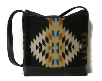 Shoulder Bag Purse Hand Bag  Black Leather Strap Native American Rancho Arroyo Blanket Wool from Pendleton Woolen Mills