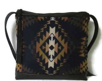 Shoulder Bag Possible Cross Body Purse Leather Blanket Wool Fabric from Pendleton Woolen Mills