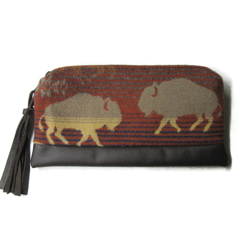 Pencil Case Cosmetic Bag Makeup Pouch Clutch Purse Leather Buffalo Wool Fabric from Pendleton bild 2