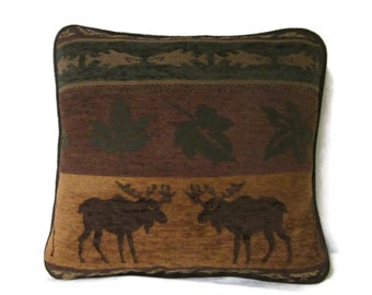Brown Moose Chenille Tapestry Pillow Piping Trim Woodlands Maple Leaves Room Decor