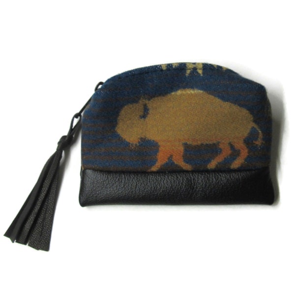 Black Leather Zippered Pouch Change Coin Purse Make Up Pouch Clutch Bag Buffalo Blanket Wool from Pendleton Woolen Mills Fringed Zipper Pull