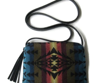 Bag Cross Body Shoulder Purse Black Leather Blanket Wool Fabric from Pendleton Woolen Mills