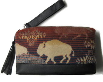 Wrist Bag Clutch Purse Buffalo Blanket Wool Fabric from Pendleton Woolen Mills Black Leather Removable Strap