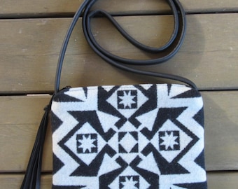 Bag Cross Body Purse Shoulder Black Leather Condensed Blanket Wool Fabric from Pendleton Woolen Mills